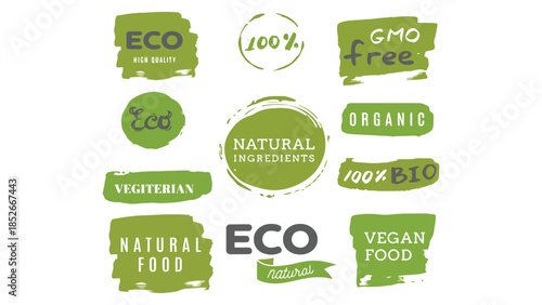 Collection of hand-drawn eco-friendly labels and badges for natural food products