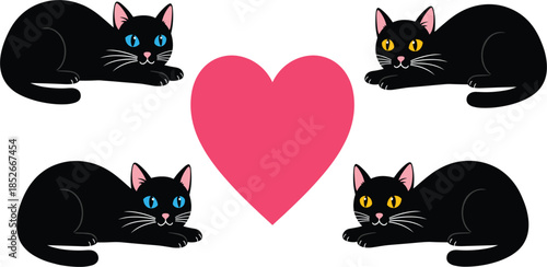 Four Cute Black Cats with Blue and Yellow Eyes Lying Around a Large Pink Heart.