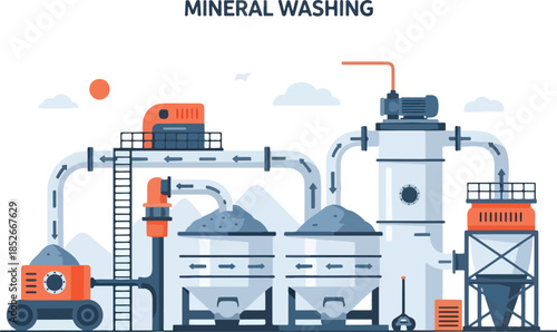 Illustration of a mineral washing industrial processing plant with pipes and silos