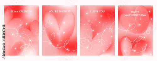 A set of four pink gradient heart illustrations for a Valentine's Day greeting card. The festive background features a romantic message and glitter elements.