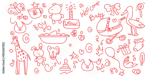 hand-drawn seamless pattern featuring various baby and newborn doodle elements. 