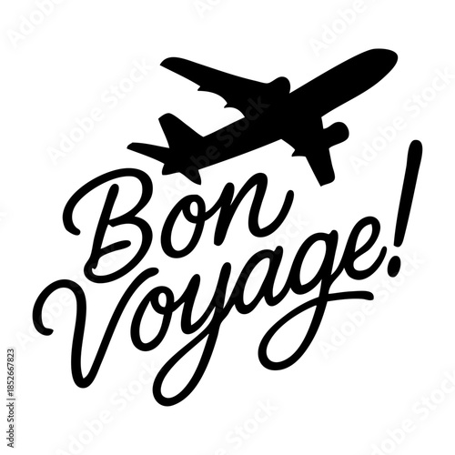 Logotipo agencia de viajes. Texto caligráfico Bon Voyage con dibujo minimalista de silueta de avión de pasajeros 