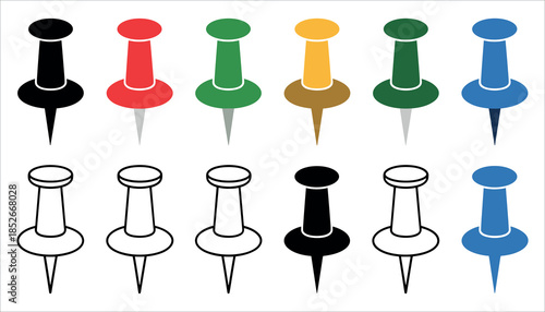 Colored push pins and black outlines on white background thumbtacks colored pins