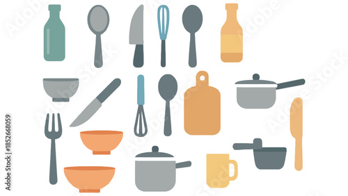 A collection of colorful kitchen utensils and cookware arranged on a white background.