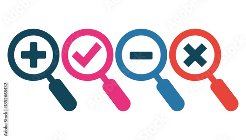 Four magnifying glasses with plus check minus and times signs plus sign check mark minus sign