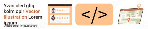 Web development, user interface design, coding, navigation tools, online services, digital technology. Icons of user review cards, coding symbol and a location pin on a map. Web development and user