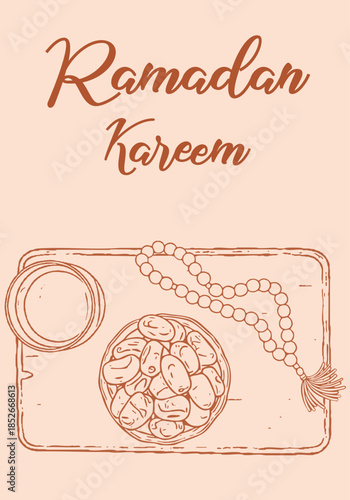 Ramadan Kareem greeting card with hand drawn dates,traditional Islamic tasbih prayer beads,.and a cup of water or milk on a tray, symbolizing the breaking of the fast (Iftar). Islamic culture content
