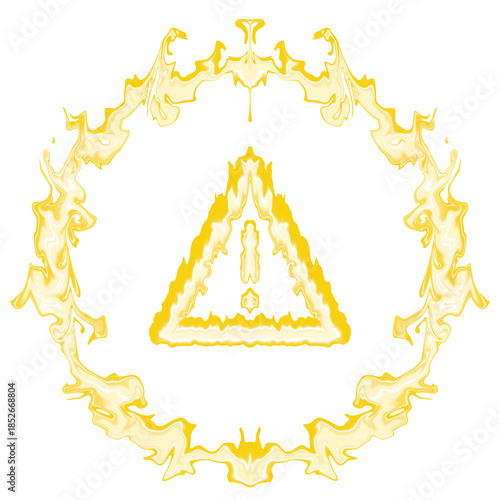 Abstract yellow triangle warning symbol surrounded by an electric fluid energy ring, featuring glowing motion and symmetrical liquid shapes. 