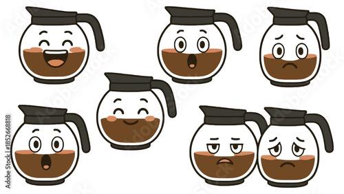 Collection of animated coffee pots expressing various emotions, from joy to sadness.