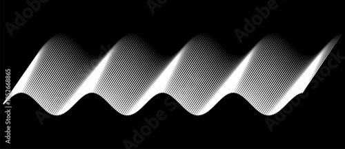 Abstract sine wave made of diagonal white lines on black background. Minimalist pattern visualizing frequency, amplitude, and harmonic motion. Ideal for science or tech themes.