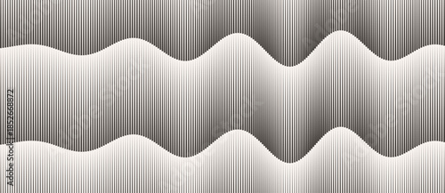 Abstract black and white wave pattern with vertical lines forming rhythmic optical illusion. Perfect for modern design, minimal art, and visual perception themes.