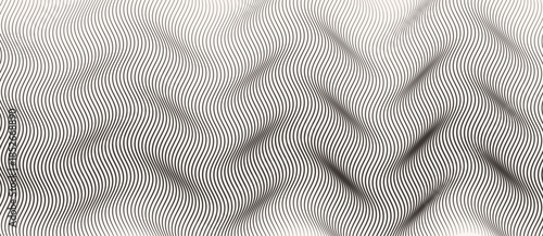 Wavy black lines on white background create optical illusion of depth and motion. Abstract rhythmic pattern ideal for background, visual art, design, or perception themes.