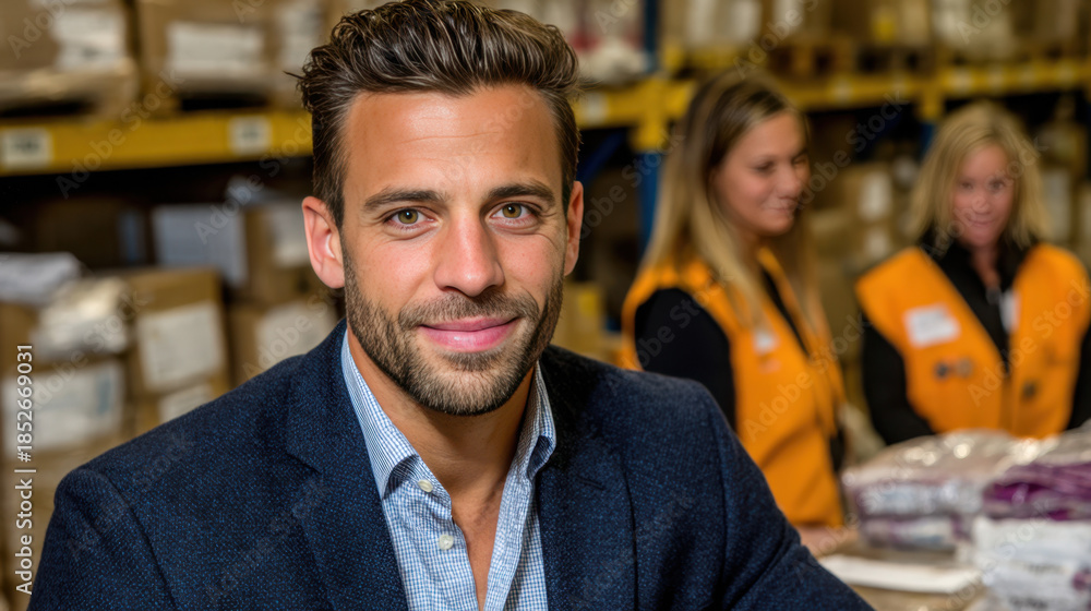 Fototapeta premium Businessman smiling with colleagues in warehouse setting for corporate and teamwork promotions