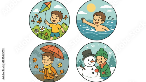 Joyful child experiencing the changing seasons with outdoor activities