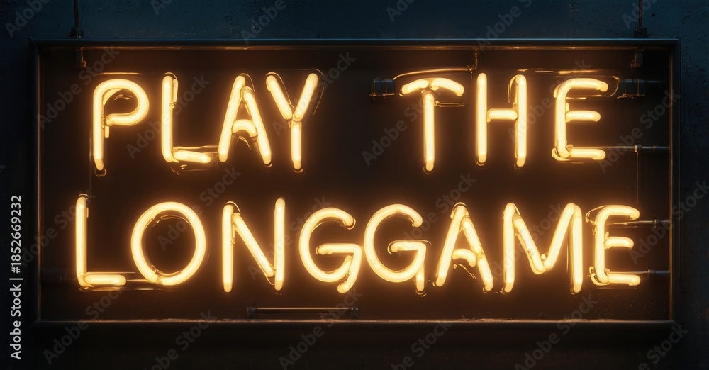 Obraz premium Bright neon sign displays text. Words Play The Longgame glow against dark background. Simple, motivational message.
