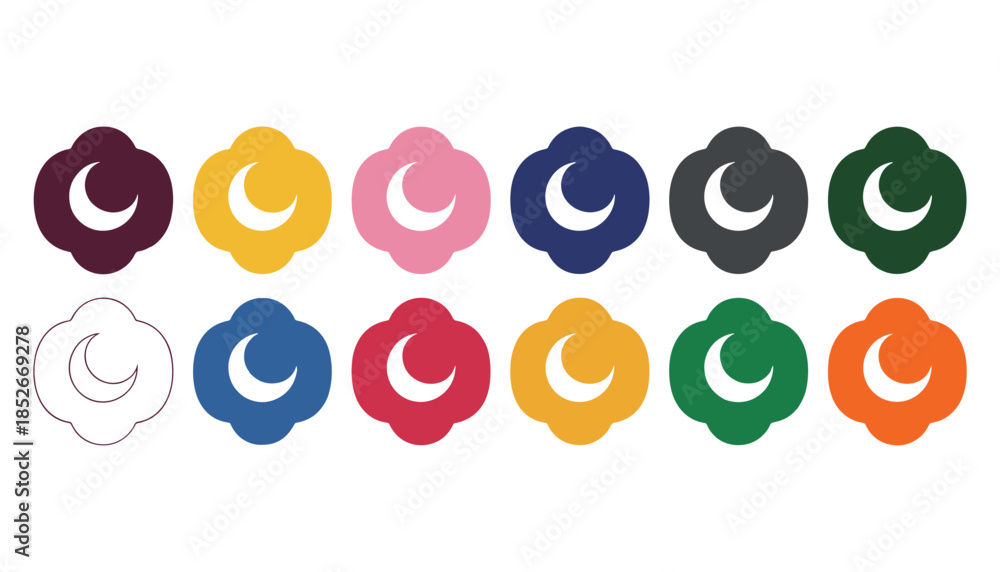 Fototapeta premium Colorful flower shapes with crescent moon cutouts in various colors symbols
