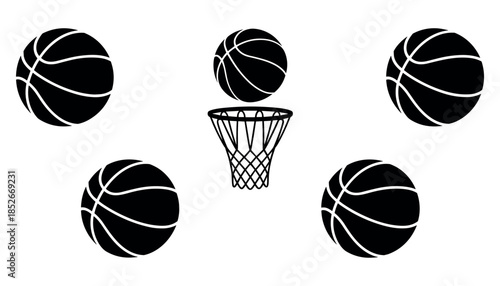 Black and white of five basketballs and a basketball hoop