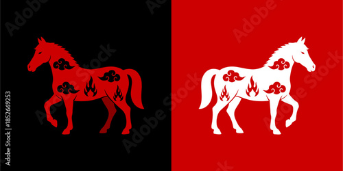 Chinese Zodiac Horse Illustration with Fire and Cloud Motifs, Red and White Yin Yang Style Animal Symbol, Oriental Mythical Horse on Black and Red Background