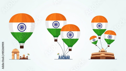 Indian flag hot air balloons and landmarks national celebration vector illustration for Independence Day or Republic Day events