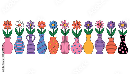 Colorful cartoon flowers in various patterned vases
