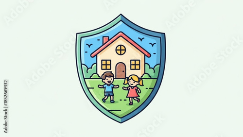 Shield emblem with house and children representing home security and family safety vector illustration for insurance and protectio