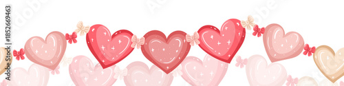 Romantic heart border with bows in soft pink tones for greeting cards, invitations, banners, packaging, wrapping paper, stationery and Valentine design projects