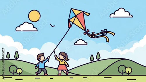 Children flying a colorful kite on a sunny day flat vector illustration for summer vacation and outdoor activity concepts