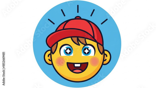 Happy boy face with missing tooth and red cap cartoon illustration for childrens dental care isolated on blue circle