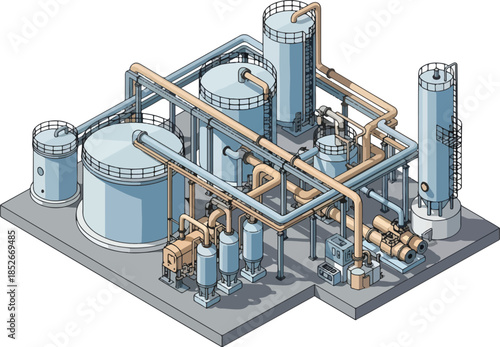 Isometric illustration of a chemical or industrial processing plant with tanks and piping