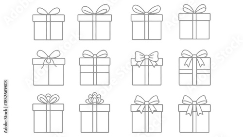 Collection of simple line art gift boxes with various ribbon bows, perfect for celebrations and decorations.