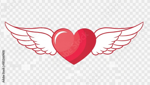 Red heart with white wings symbol of love and romance isolated on transparent background for Valentines Day design