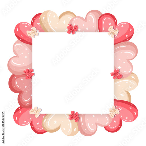Square heart frame with bows in soft pink and red colors for greeting cards, invitations, posters, banners, packaging, wrapping paper and Valentine design projects