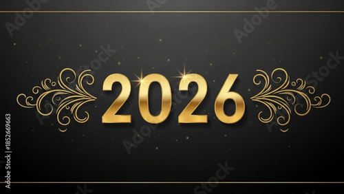 Golden year 2026 text with ornate swirls elegant celebration graphic for New Years Eve and future events isolated on black backgro