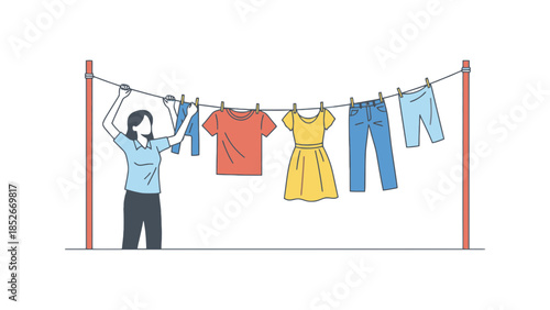 Person hanging laundry on a clothesline on a bright day, a simple chore of domestic life.