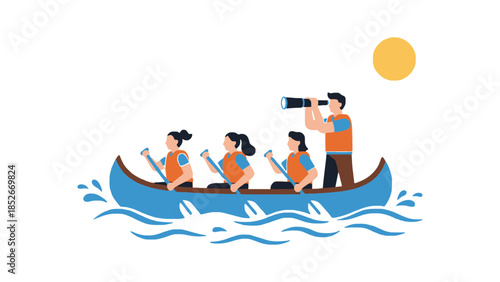 Team working together in a canoe, guided by a leader with binoculars, navigating on water under the sun.
