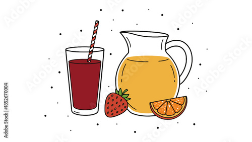 Refreshing pitcher of juice with a glass and fresh fruit for a healthy beverage