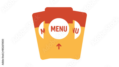 Stylized illustration of a restaurant menu card with navigation arrows
