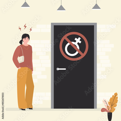 Inequality, Gender restrictions, sexism. An unhappy businesswoman stands in front of a closed door with a warning and prohibition sign. discrimination, social issues.