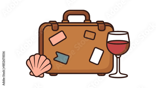 A vintage suitcase adorned with travel stickers sits beside a glass of red wine and a seashell, evoking a sense of holiday relaxation.