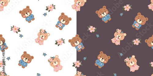 Double seamless pattern set with cute teddy bears, flowers and pastel details for baby textiles, gift wrap, stationery nursery decor, greeting cards and romantic design projects