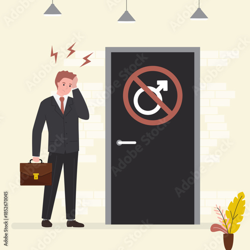 Inequality, Gender restrictions, sexism. Unhappy businessman stands in front of closed door with warning and prohibition sign. discrimination, social issues. Without men.