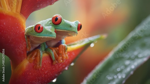 Two red-eyed tree frogs perched on a vivid heliconia flower in tropical rainforest light