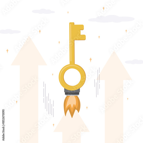Golden key to success. The heart of driving organization or new project. Giant key with rocket booster flying in sky. Unlock new skills or business opportunity.