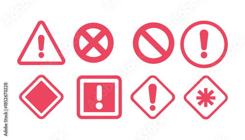 Red warning signs and symbols on white background exclamation marks