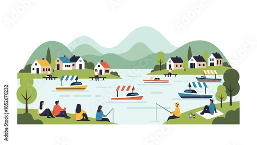 Peaceful Lakeside Village Vector Illustration Featuring People Fishing from the Shore and Docks with Boats on the Water and Scenic Mountains in the Background.