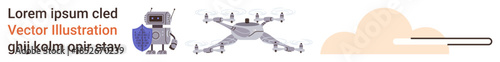 Robotics, automation, cloud technology, quadcopter surveillance, AI security, and innovation. Robot with a shield, Quadcopter cloud and progress bar. Robotics and automation concepts