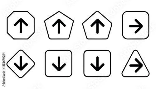 Black and white directional arrows on various shaped signs octagon pentagon