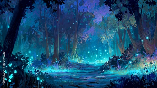 Magical Forest Path with Purple Light