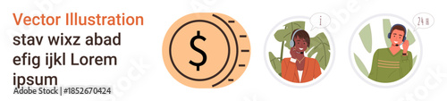 Finance, communication, online support, customer service, transactions, digital interaction. Dollar sign with two people conversing virtually. Finance and communication concept