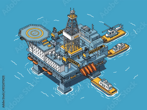 Isometric illustration of an offshore oil rig with support vessels and a helicopter